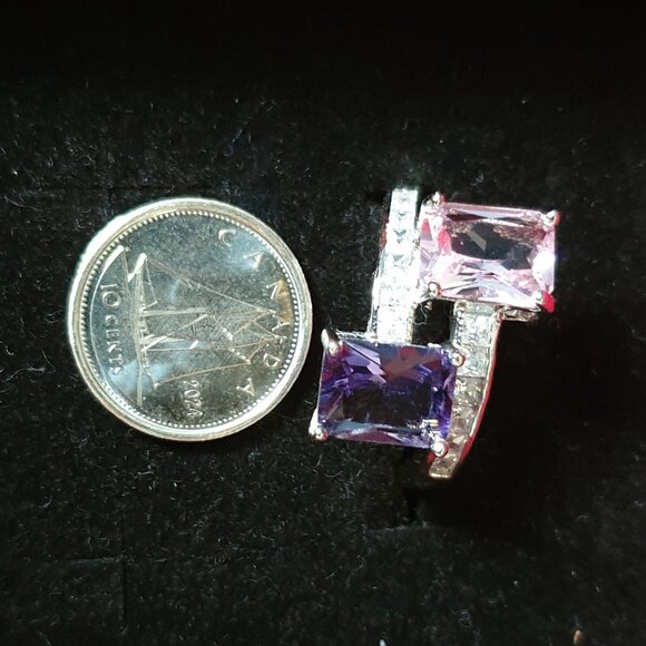 Elegant Purple & Pink Crystal Silver Tone Cocktail Ring – Size 9 - Picture 9 of 11